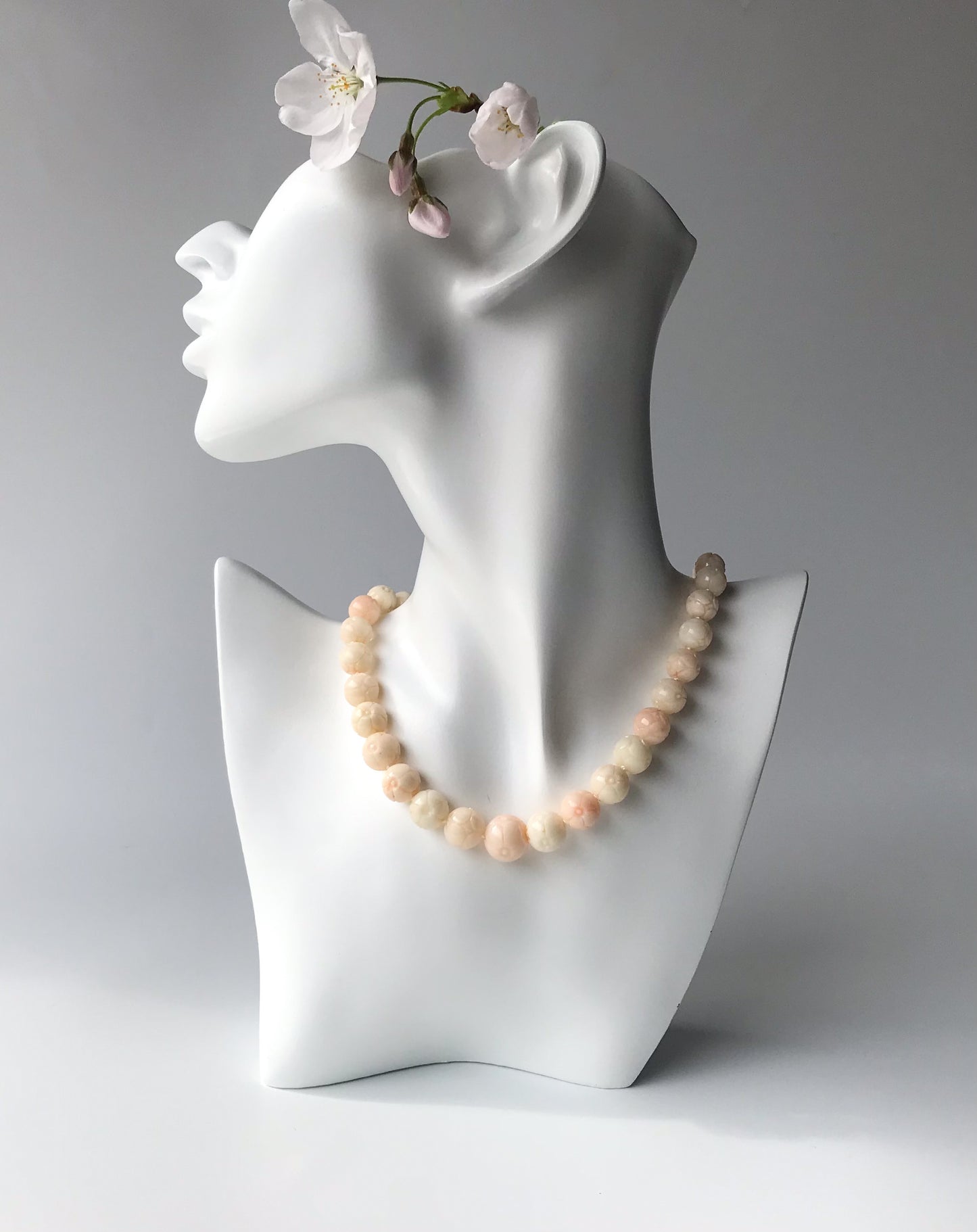 Large 13mm carved cherry blossom coral vintage necklace