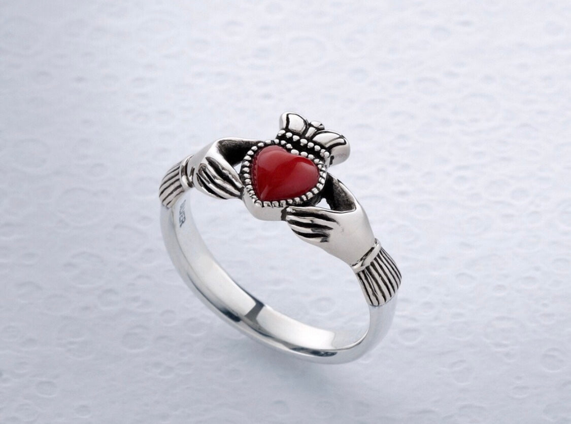 Made to order: Untreated Blood Red Coral Heart Claddagh Silver Ring