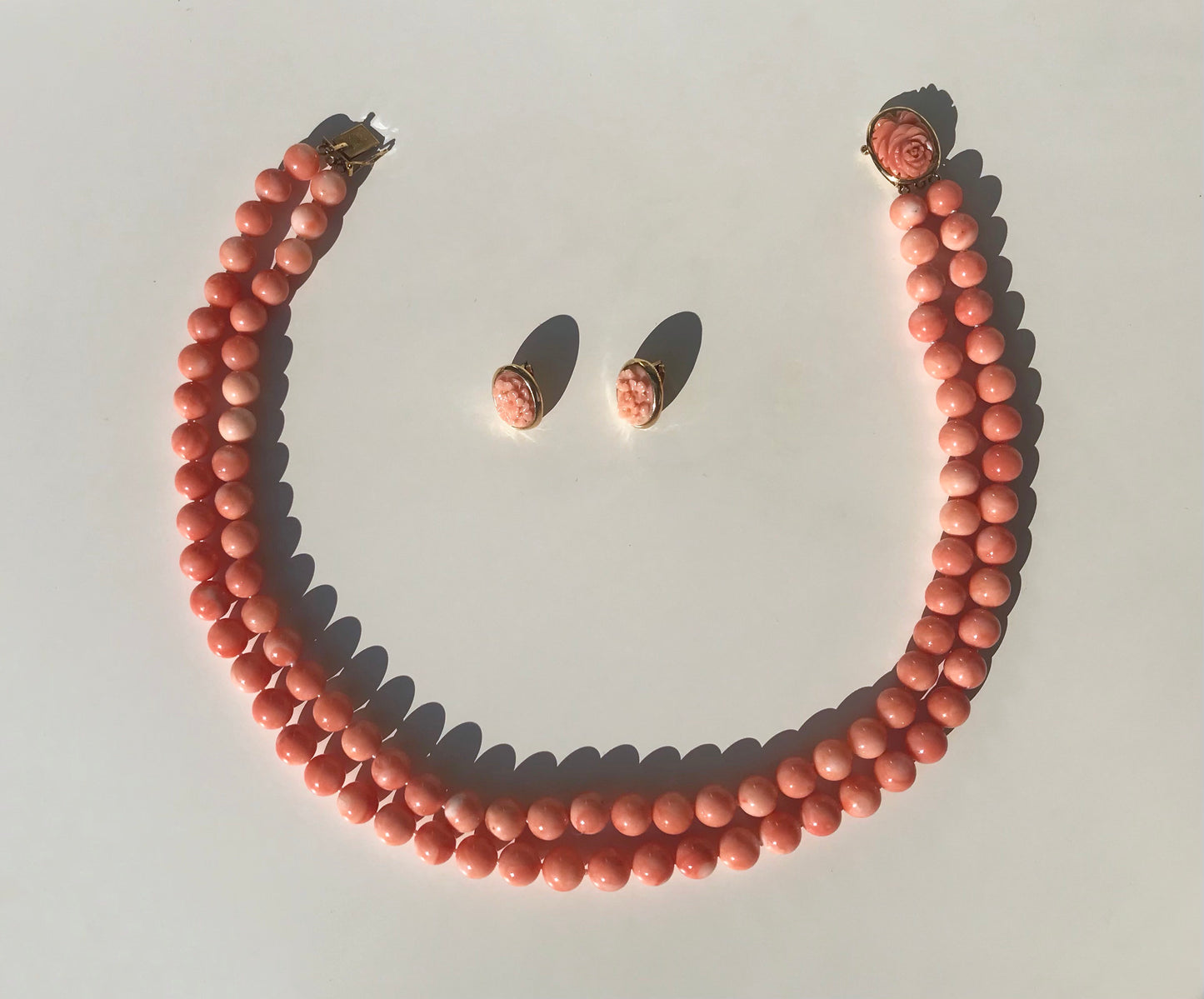K18 Pink coral two strand vintage necklace and earrings set