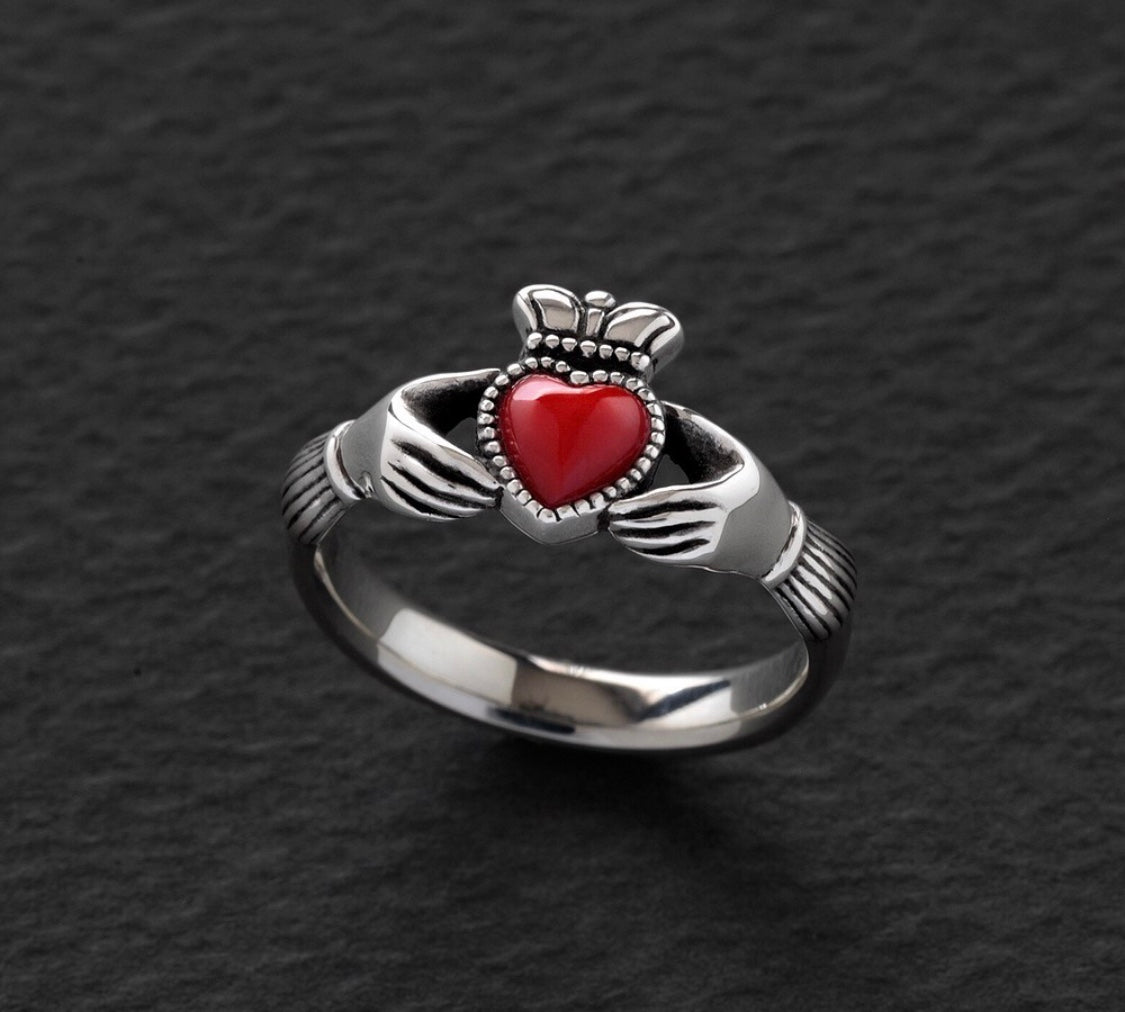Made to order: Untreated Blood Red Coral Heart Claddagh Silver Ring