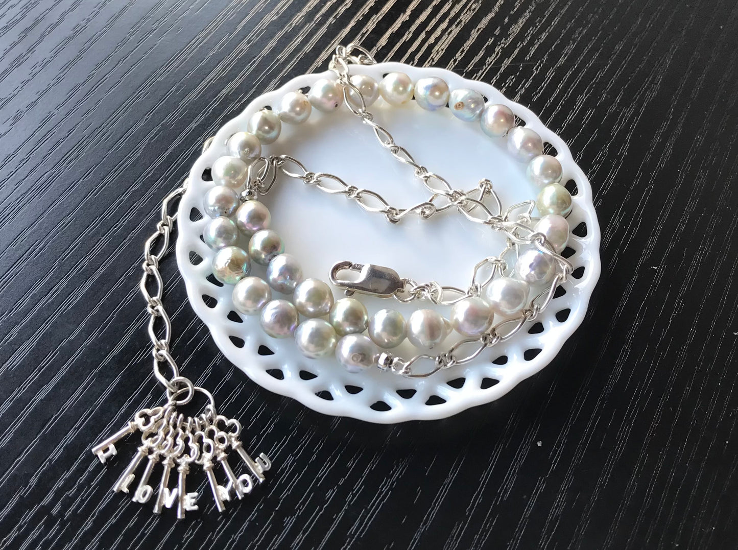 Silver blue Akoya pearl and silver charm necklace