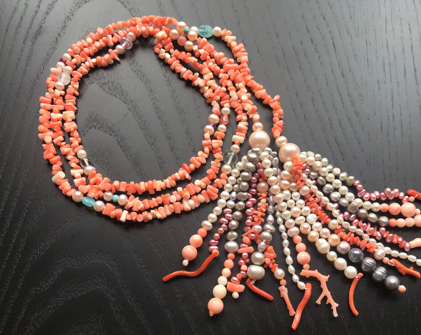 Natural Pink Coral and fresh water pearls lariat necklace