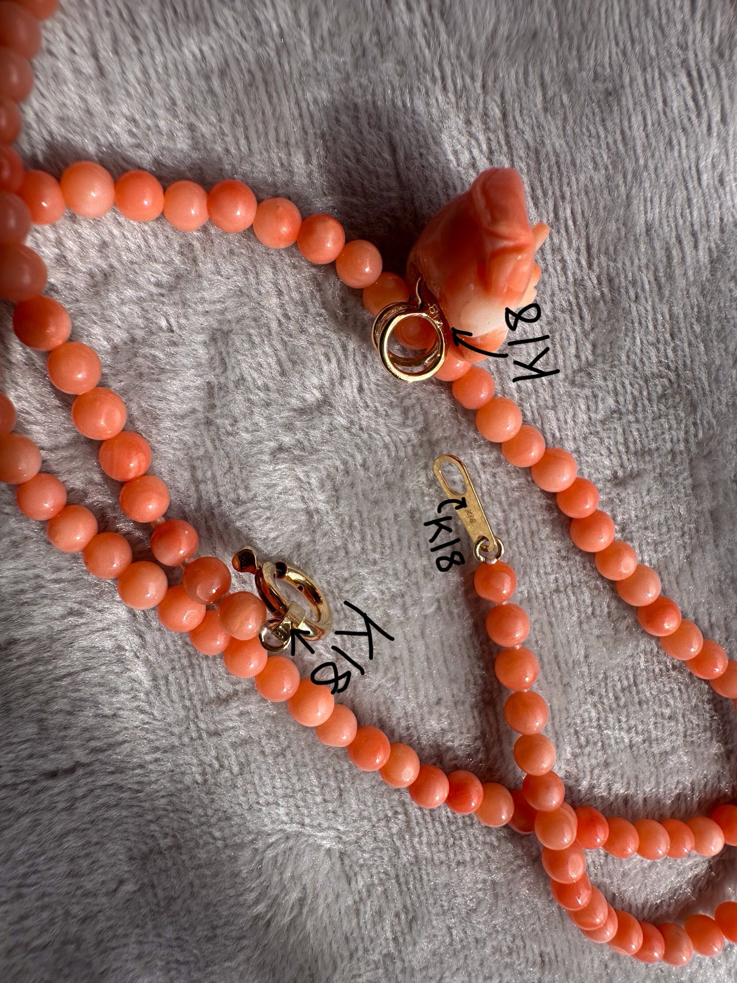 18K gold angel skin Momo coral rose necklace,pendant and earrings set