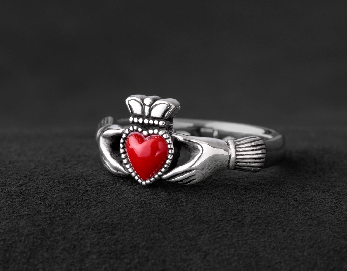 Made to order: Untreated Blood Red Coral Heart Claddagh Silver Ring
