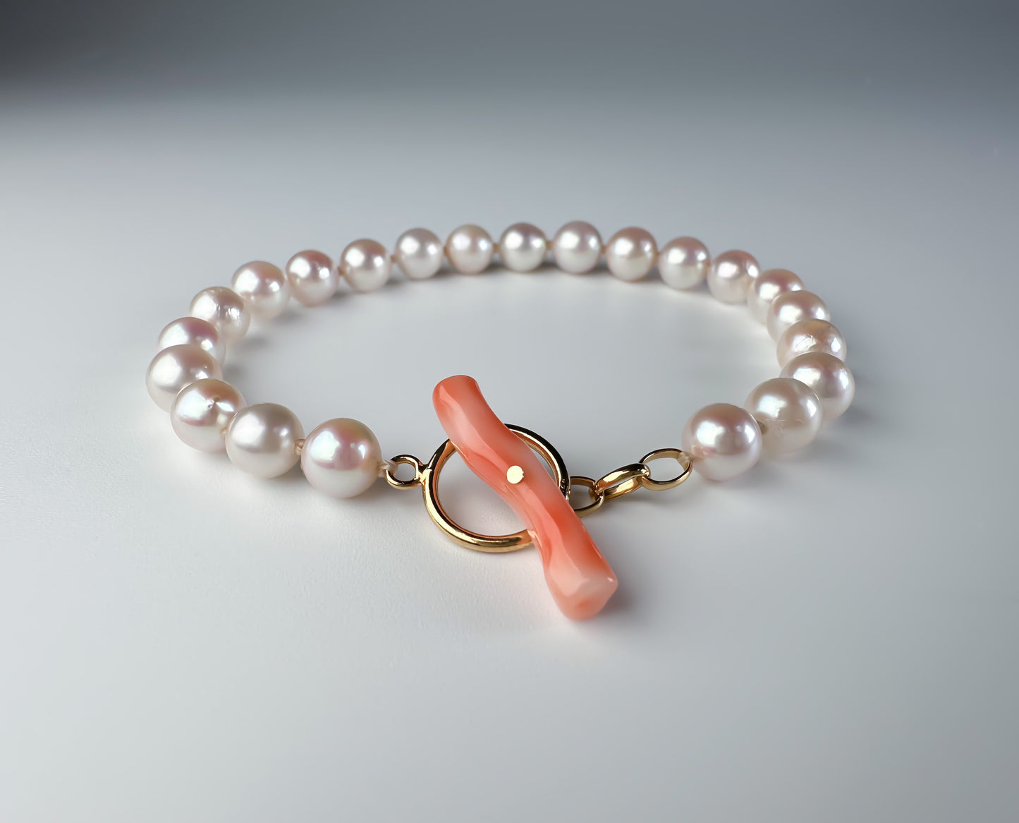 Japanese Akoya pearl bracelet 14K gold filled toggle ring with coral bar