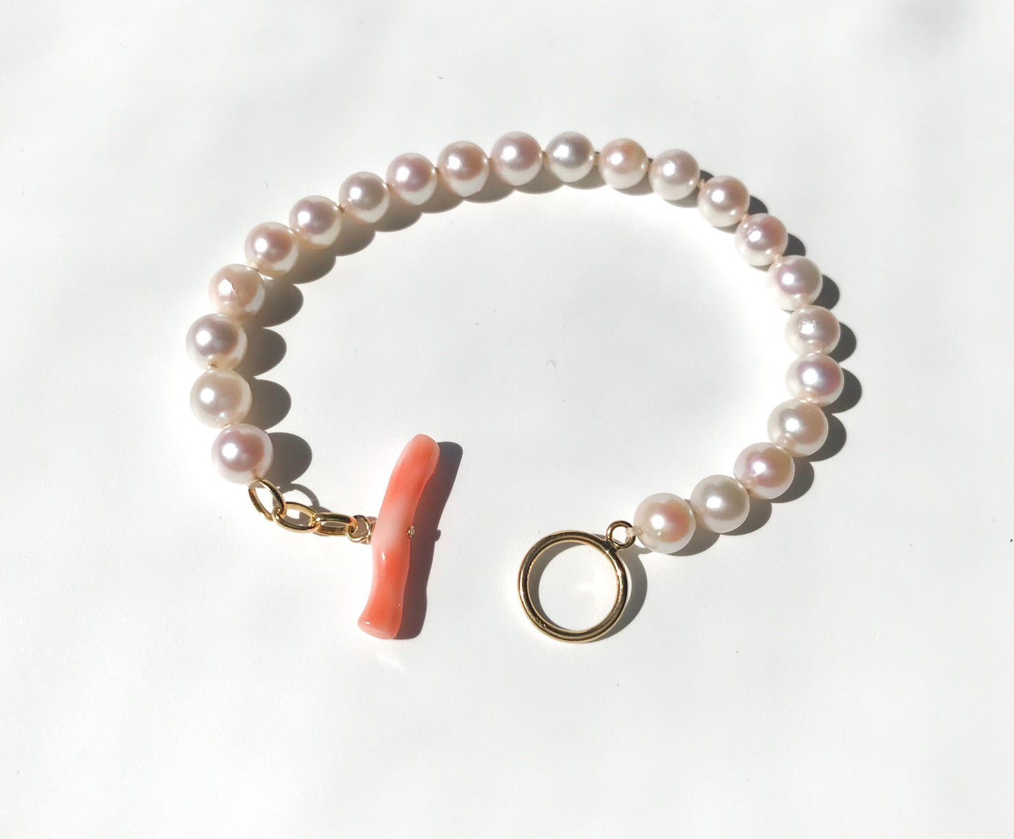Japanese Akoya pearl bracelet 14K gold filled toggle ring with coral bar