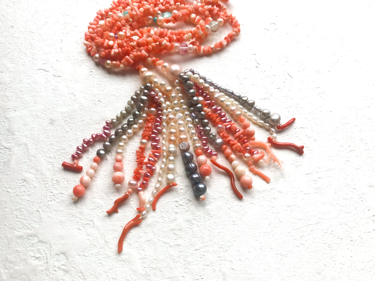Natural Pink Coral and fresh water pearls lariat necklace